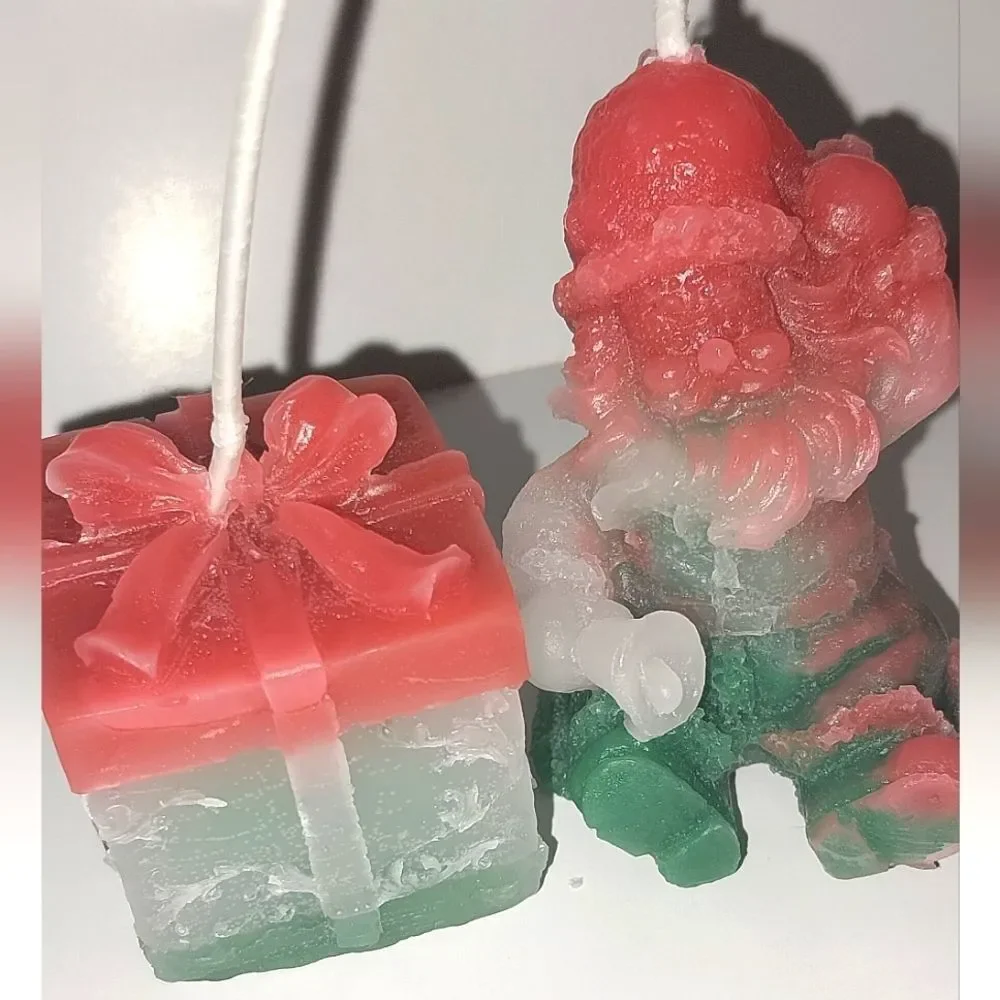 Hand crafted 2 piece holiday Santa's present candle set
